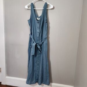 PACT XL Button-Front Dress 90s Dusty Blue Hemp Cotton Sleeveless Linen Denim Tie
